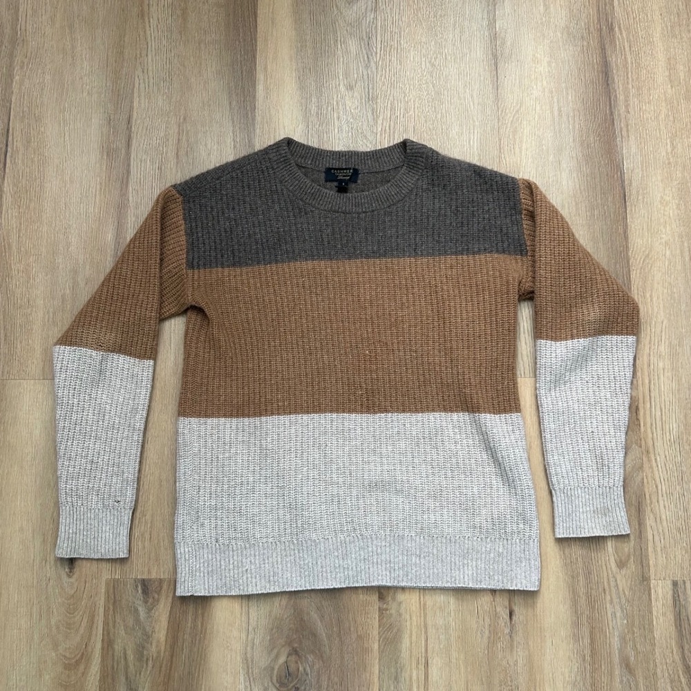 Charter Club‎ Luxury 100% Cashmere Colorblock Ribbed Sweater Brown Grey Small